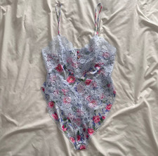 Vtg 80s Vassarette Satin Lace Teddy Bodysuit Floral High Cut Romper Medium USA