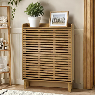 Stylish Walnut Shoe Cabinet with 2 Louvered Flip Drawers for Entryway
