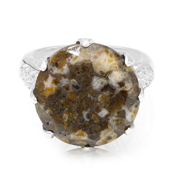 Cavill Ring Dinosaurierquarz 10,63Ct Rund 925 Silber Mit 12 Topasen- Echtschmuck-image