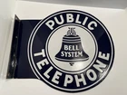 VINTAGE BELL SYSTEM PUBLIC TELEPHONE ROUND ENAMEL PORCELAIN FLANGED SIGN 14"
