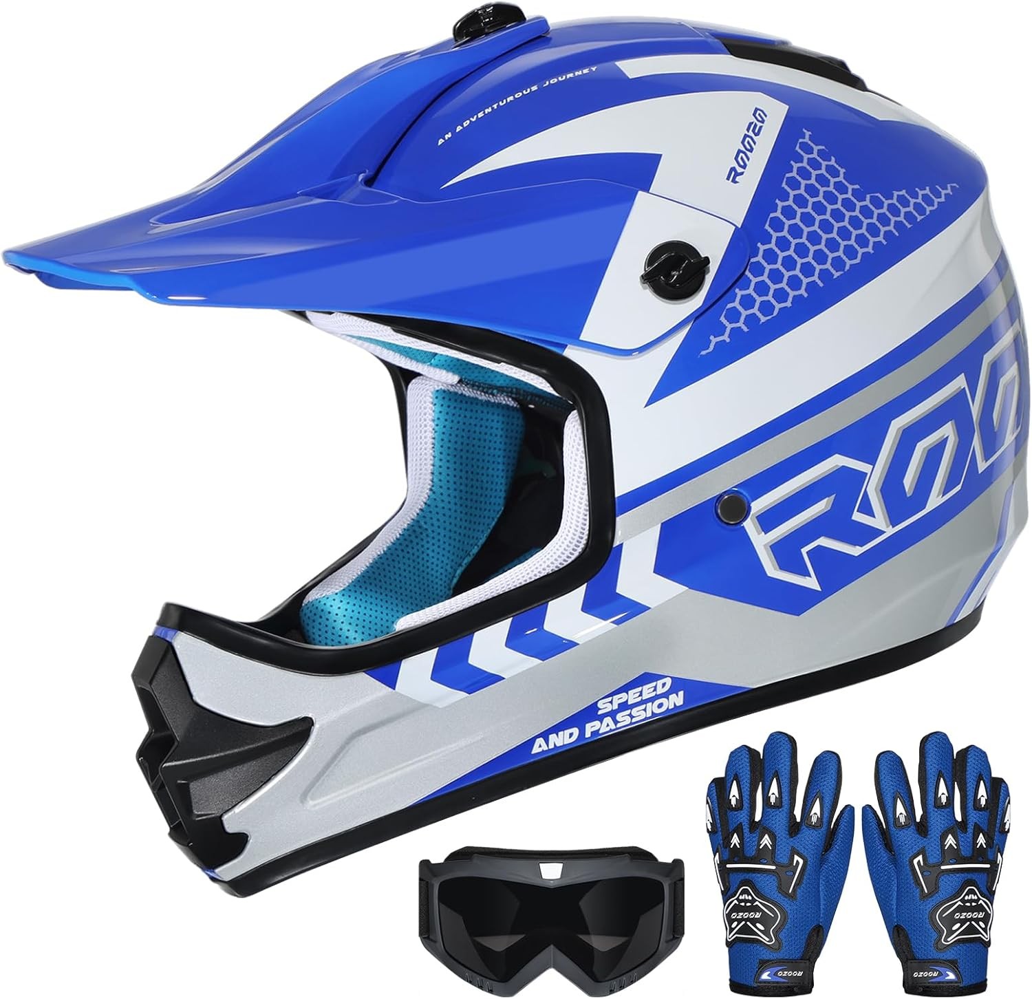 Youth Dirt Bike Helmet DOT Certified Full Face X-Large Blue for Kids