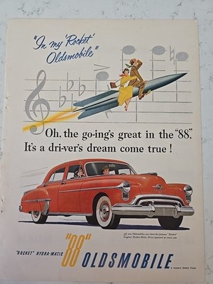 1951 GM Red Oldsmobile Rocket Hydramatic 88 Sedan car vintage ad