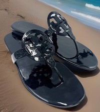 TORY BURCH PATENT LEATHER MILLER THONG SANDAL PERFECT BLACK T LOGO SZ US 10 NIB