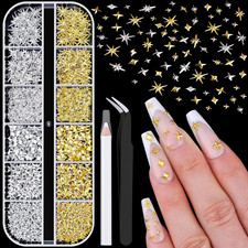660Pcs 3D Star Nail Charms, Gold  Silver Multi-Shapes Metallic Nail Art Gems,Be