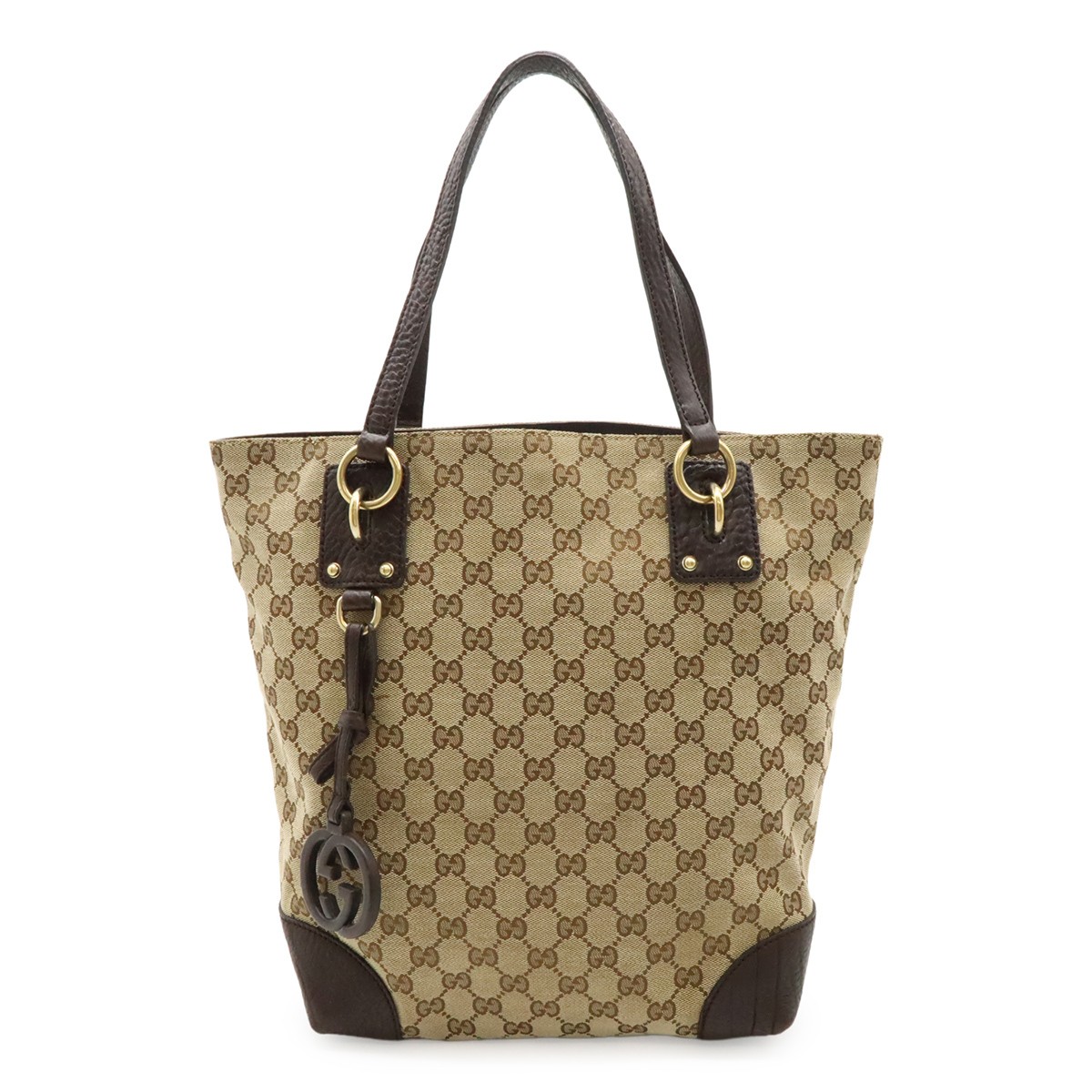 GUCCI GG Canvas Tote Shoulder Bag in Khaki Beige Dark Brown Leather 24723