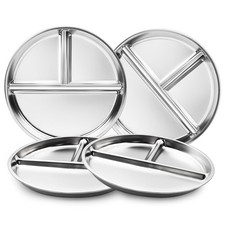 Bakpoco Stainless Steel Kids Plates Set of 4, 9" Portion Control Plates Divided