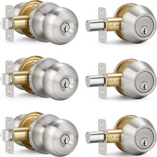 3 Sets Entry Door Knob Single Cylinder Deadbolt Combo Set Keyed Alike Round