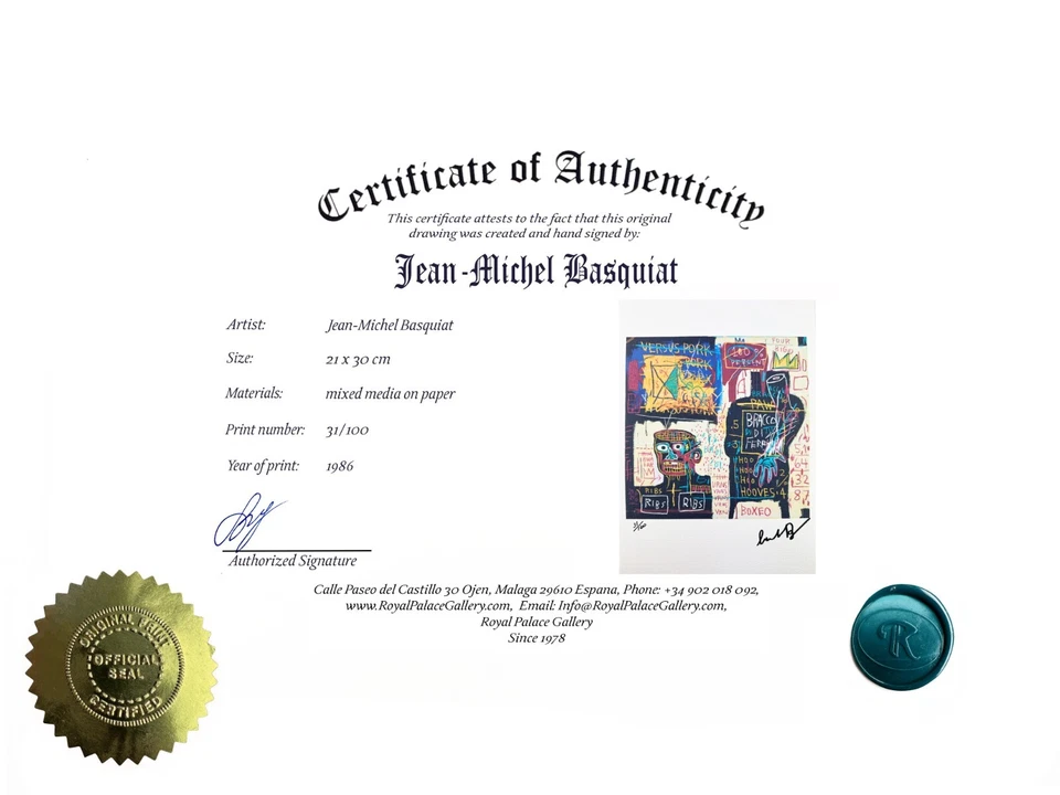 Jean-Michel Basquiat Original Vintage Arte Impresión Litografía Firmada Certificado de Autenticidad Limitado Foto 2 de 3