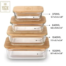 Yogik Set Of 4 Rectangular Glass Food Storage Containers  Bambo Lids