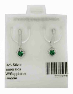 LAB CREATED EMERALD & WHITE SAPPHIRES DANGLING EARRINGS .925 Sterling Silver NWT