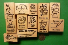 Teacher's Spanish/English Rubber Stamp Assortment, 12 pcs., wood mounted