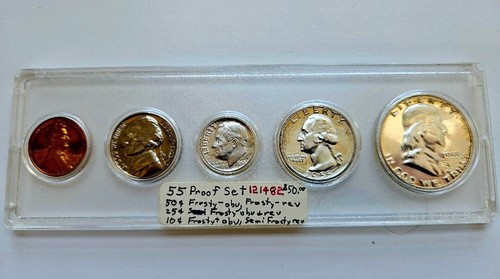 1955-P US Proof Set in Classic Plastic Case with Franklin Half Dollar 90% Silver - Picture 3 of 4