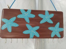Handmade wood hand painted jewelry key dog leash holder with hooks starfish