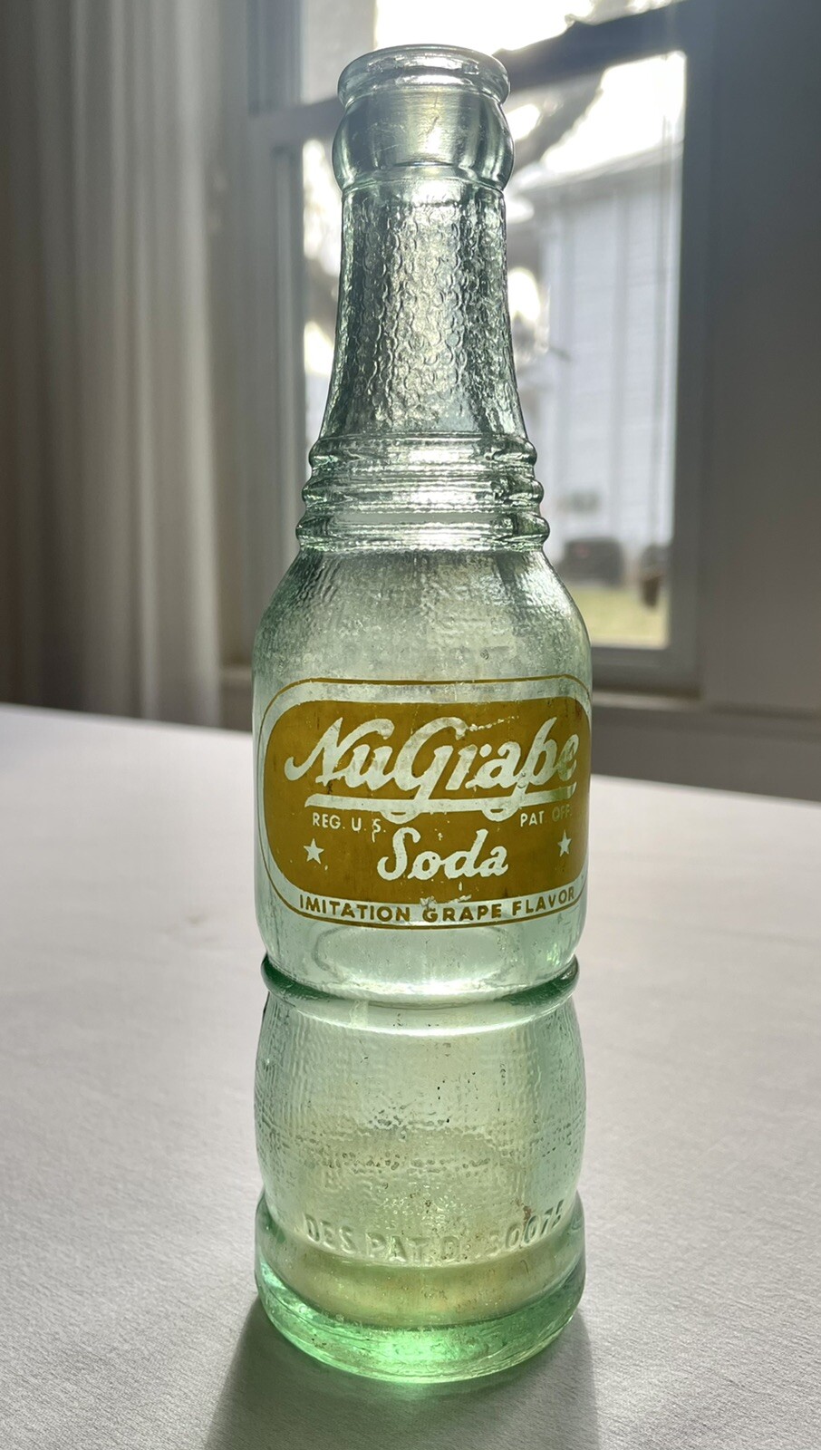 Vintage 1950s Green Glass Yellow ACL NuGrape Soda Bottle, Wilmington