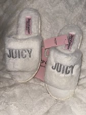 New Juicy Couture Logo White Glitter Faux Fur Slides Slippers Size M 7-8