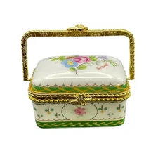 White Porcelain Trinket box with Flowers and Green and Gold Trim Goldtone handle