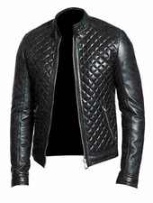 Men's Quilted Leather Jacket Genuine Cowhide Slim Fit Biker Coat Handmade Black