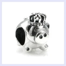 Sterling Silver Pig King w/ Crown Piglet Piggy Bead for European Charm Bracelet