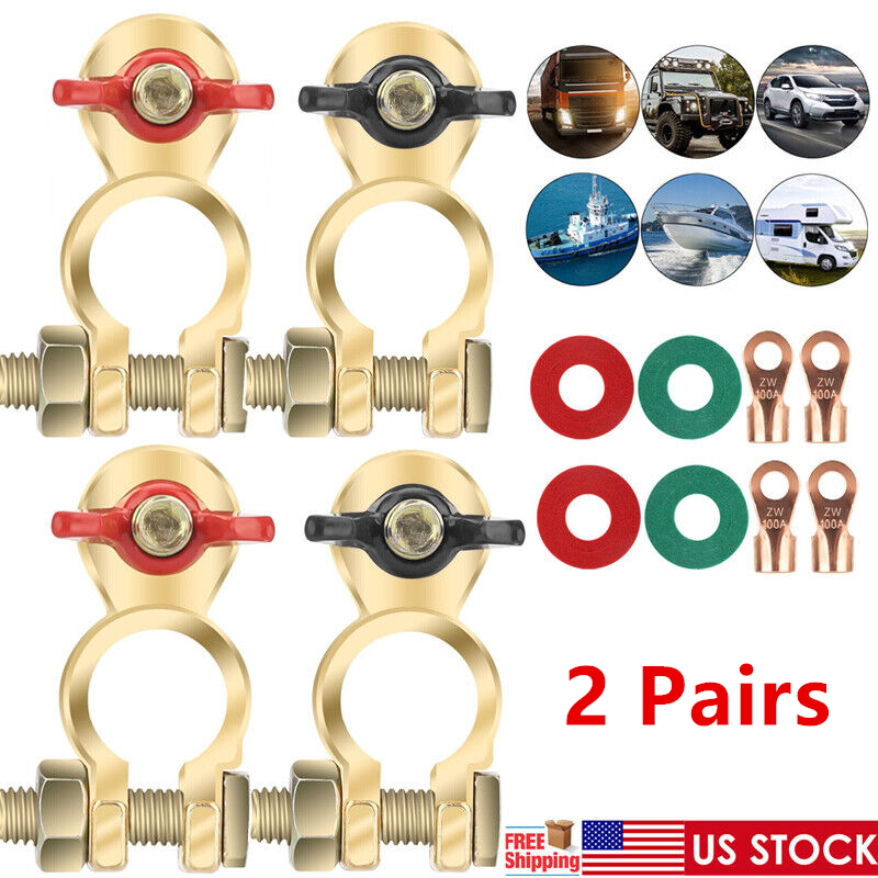4X Solid Brass Battery Terminal Connector Top Post End Clamps Set for Car Marine