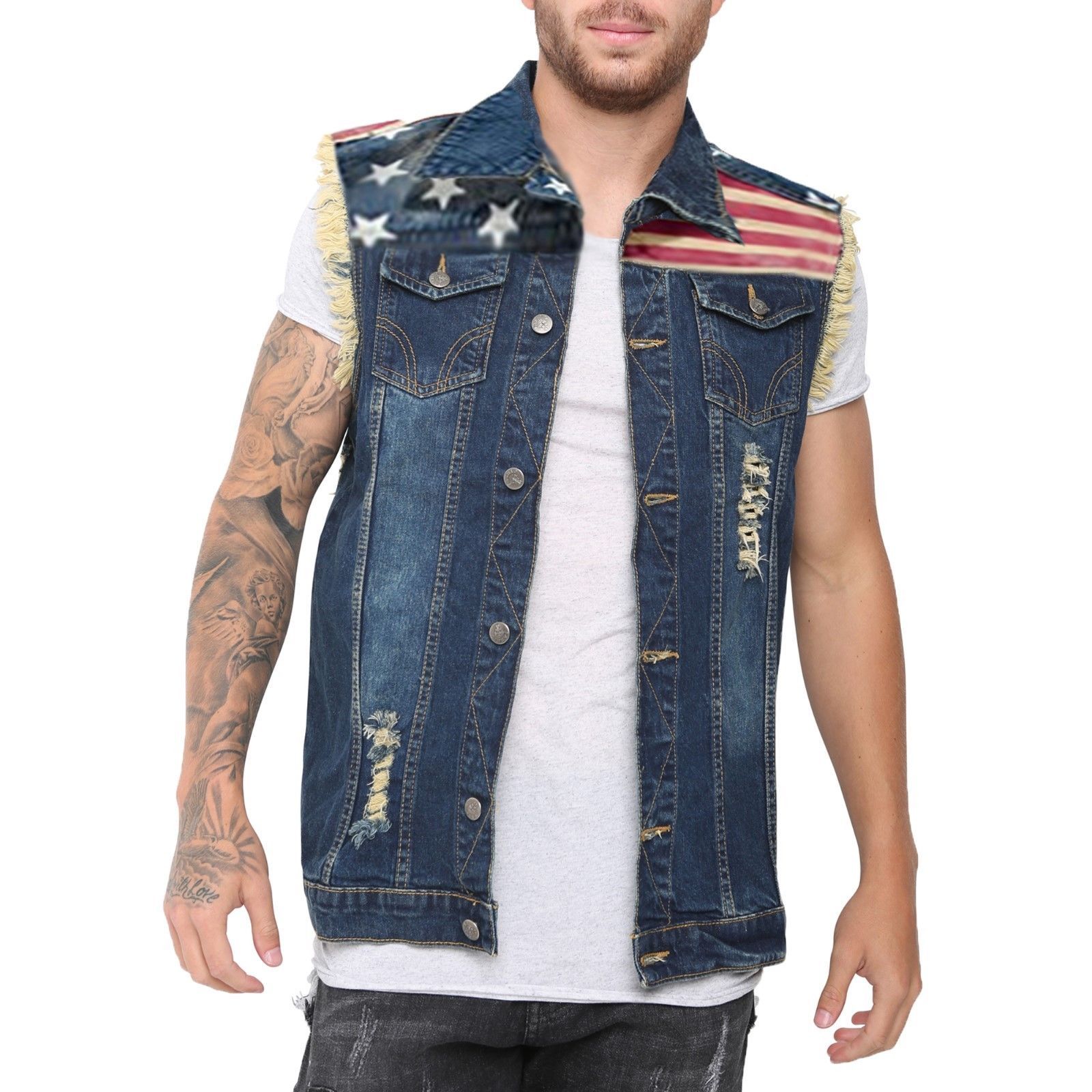 Men's Denim Vest Ripped Jean Coat Causal Jacket Collar Sleeveless Shirt ...