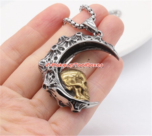 Mens Stainless Steel Biker Gothic Punk Rock Crescent Moon Skull Pendant J714 - Picture 8 of 9