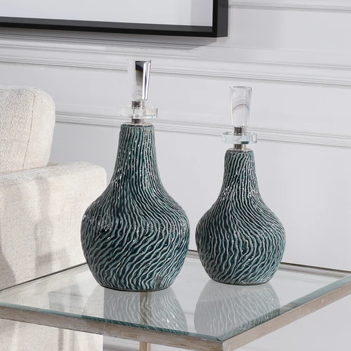 Elegant Organic Ribbed Textured Teal Bottles Set 2 Ceramic Silver Blue Green - Picture 2 of 3