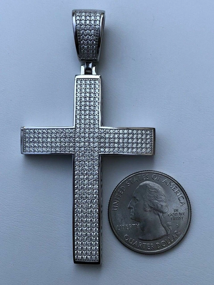 "Colgante Hip Hop Cruz Grande Plata 925 Sólida Real 3ct Diamantes Simulados 2x1.5""" Foto 4 de 4