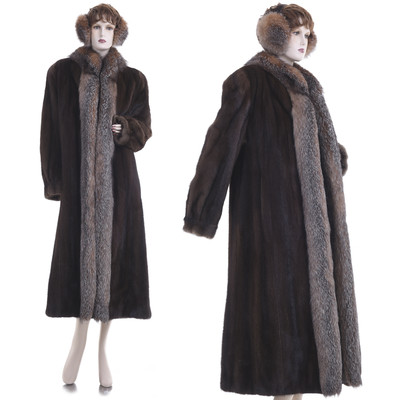 Mint! Beautiful Brown Mink Fur w/Crystal Fox Fur 50 in. F/L Coat w/Free Earmuff