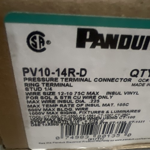Panduit PV10-14R-D Yellow Ring Tongue Terminals 12-10AWG 1/4Stud Size 500 PCS - Picture 2 of 5