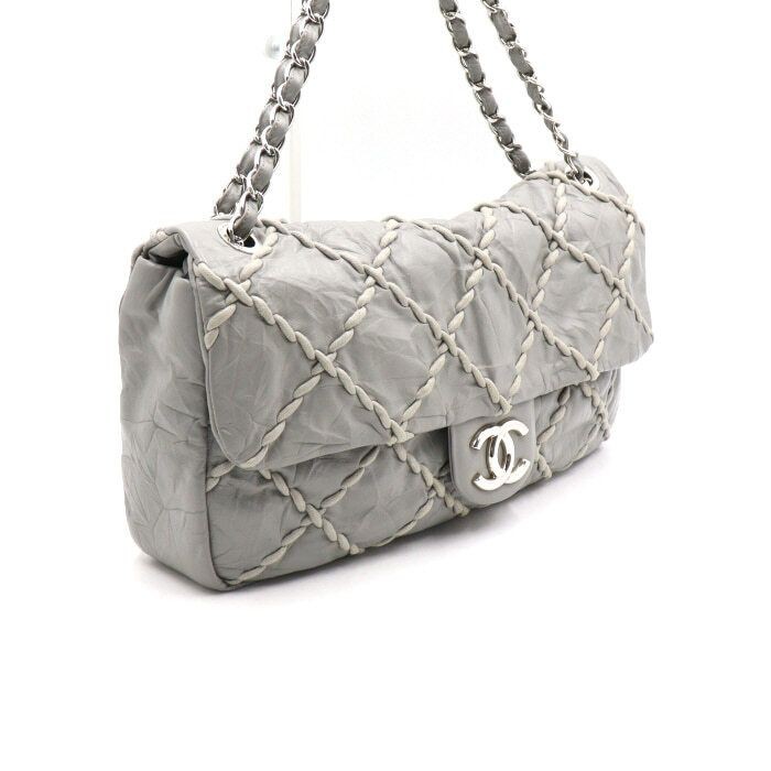 CHANEL Gray Wildstitch Flap Shoulder Bag with Silver Chain