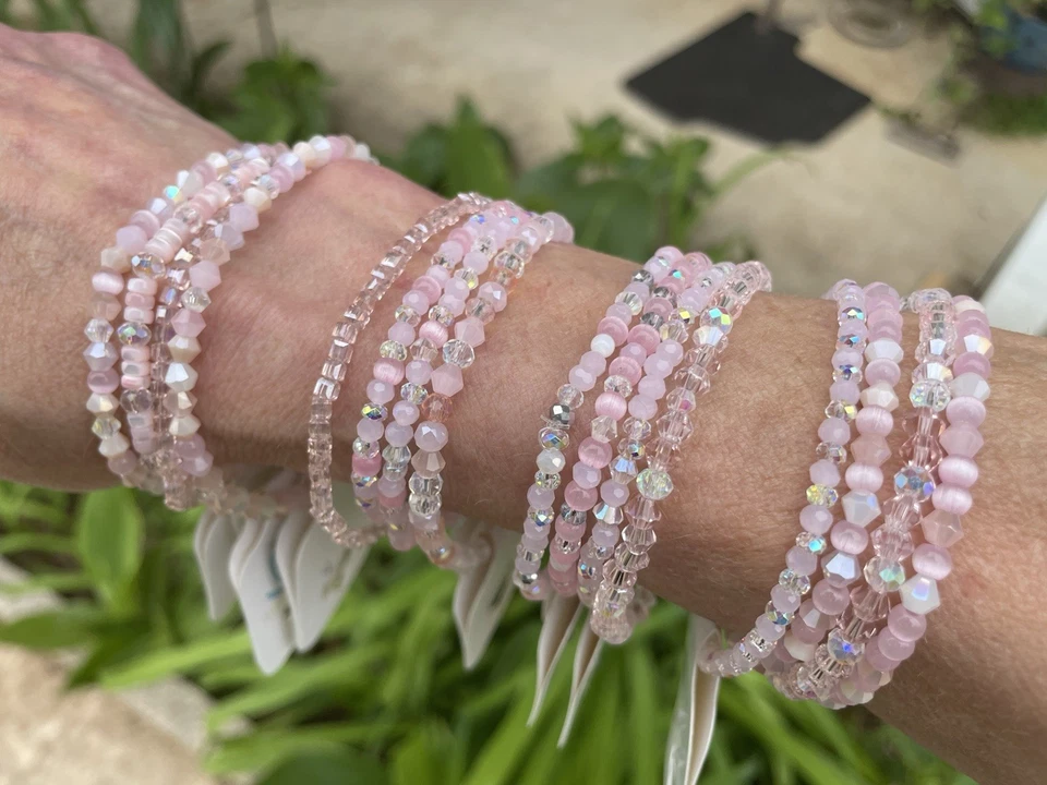 Set Of 5 Rose Quartz Czech Crystal & Glass Pink Beaded Stretch  Bracelets+1 Free - Image 4 of 4