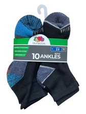 Fruit of the Loom Boys Cushioned Ankle Socks - 10 Pair - Large 3-9 - Black