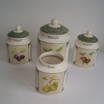 Vintage Arthur Holz Keramik Tee, Kaffee, Zucker und Keks Kanister / Glas