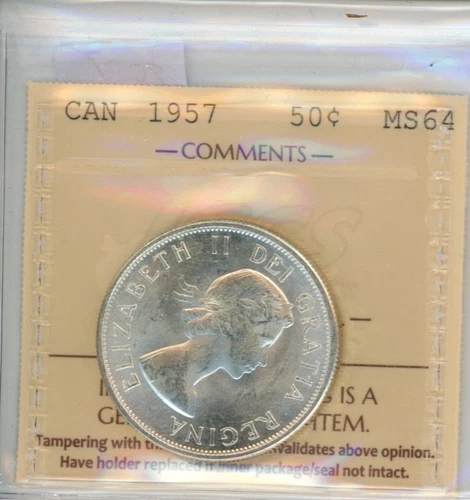 1957 Canada Fifty Cents - ICCS MS64 - Cert#XDZ 314