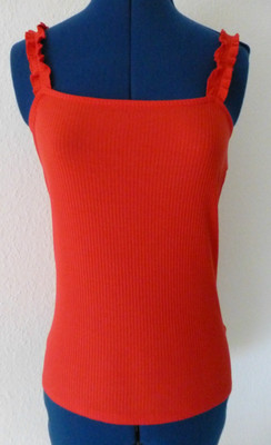 Top AMISU XL Stretch feuerrot Rippen Streifen Rüschen am Träger elastic Retro