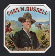 EX RARE Old Original CHAS. M. RUSSELL Cigar Label - THE COWBOYS ARTIST