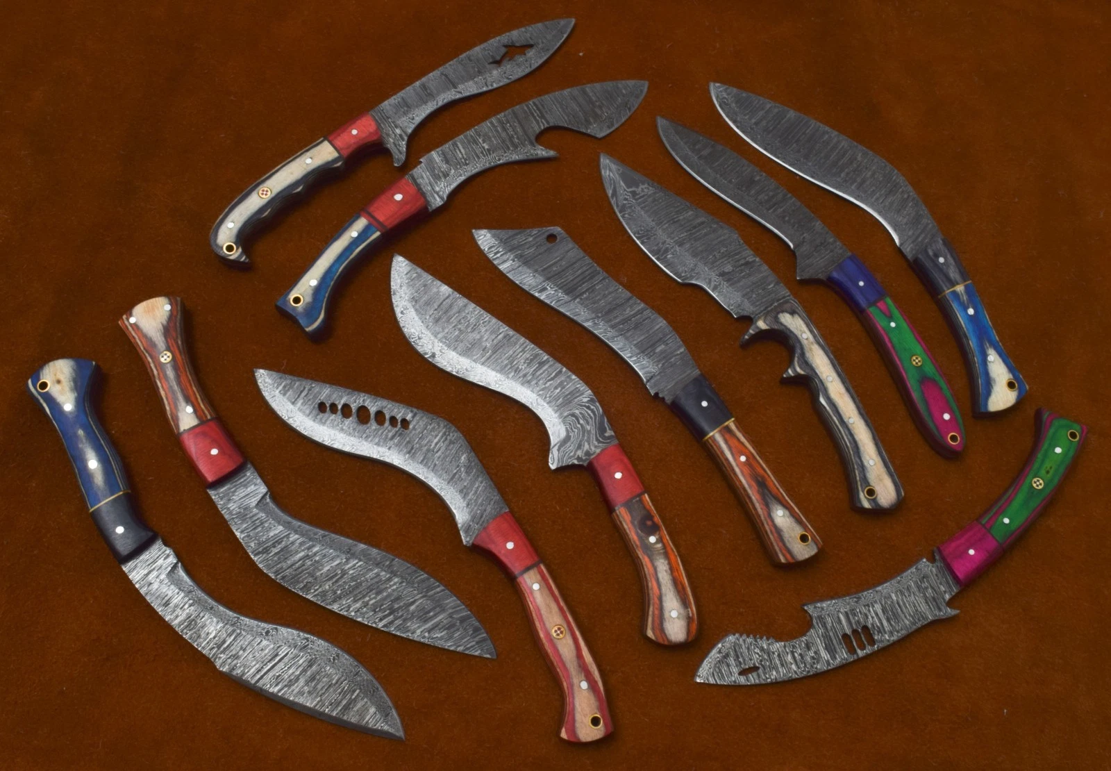 Lot of 10 Custom Handmade Damascus Steel Kukri Blade Hunting Camping Knife# A-38