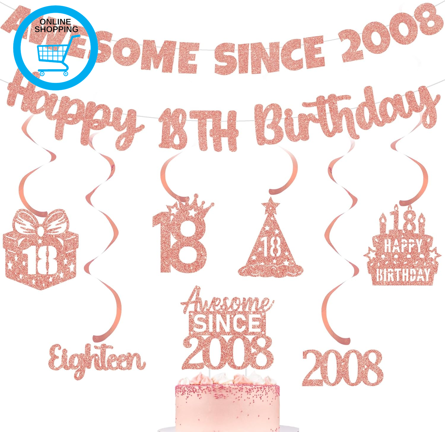 Rose Gold 18Th Birthday Banner - Awesome since 2008 Glitter Decorations with Han