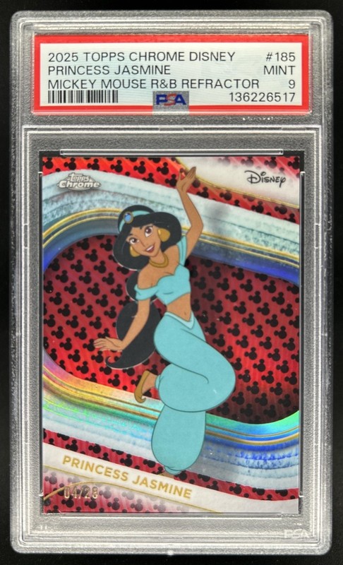 2025 Topps Chrome Disney Princess Jasmine Mickey Mouse Logo Refractor #/28 PSA 9