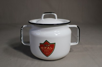 1 CSW OPAL 5'' Tall Two Handled Black & White Enameled Ware Pot With Lid