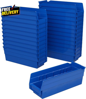 30120 Plastic Shelf Bins 12x4x4 Heavy Duty Storage Organizer Blue 24-Pack
