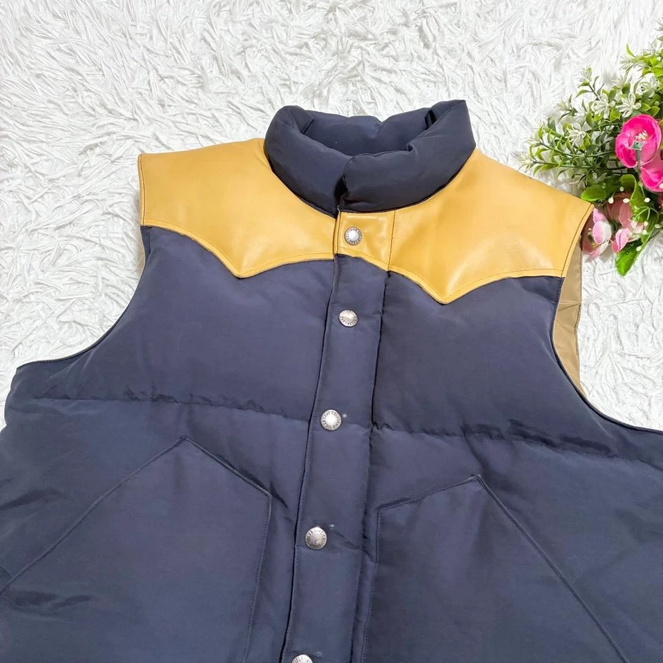 SUGAR CANE Leather Yoke Western Down Vest SC12340 Navy Beige M F/S - Image 2 of 4