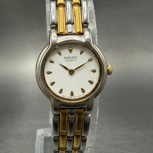 Seiko Watch Women 20mm White Dial Two Tone Round 1N00-0G60 New Battery Vintage