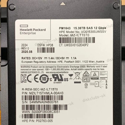 Samsung PM1643 15.36TB SAS 12Gbps MZ-ILT15T0 HPD8 HPE SSD MZ-ILT15T0THMLA-00AH3