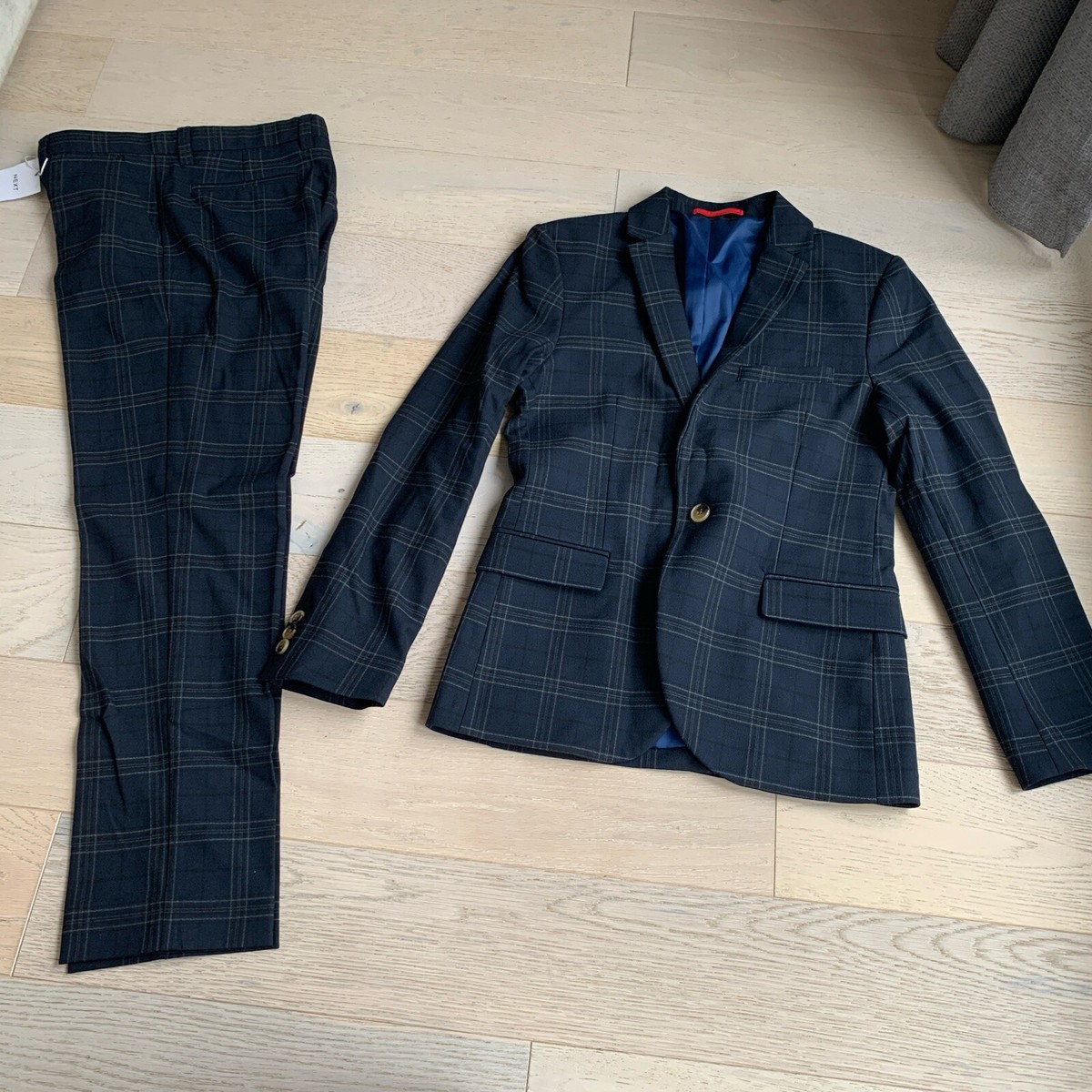 NEXT BOYS DARK BLUE CHECK SUIT JACKET TROUSER AGE 12 UK