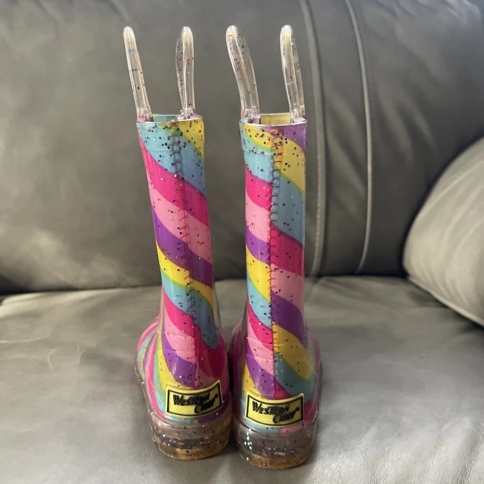 Western Chief девочек 5/6 дождя ботинки розовый фиолетовый блестящий свет вверх туфли - Изображение 2 из 4