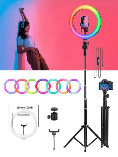 10-Inch RGB LED Ring Light, 133CM Adjustable, USB-Powered