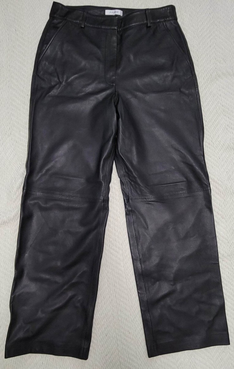 Frame Pleated Black Leather Trousers High Rise Straight Leg Pants