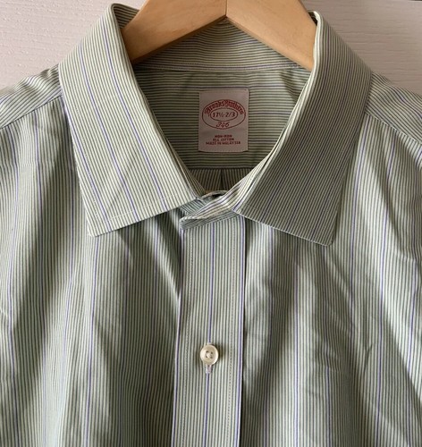 Brooks Brothers Shirt Mens Size 17.5 2/3 Button Down Non-Iron Green Striped LS - Picture 3 of 6