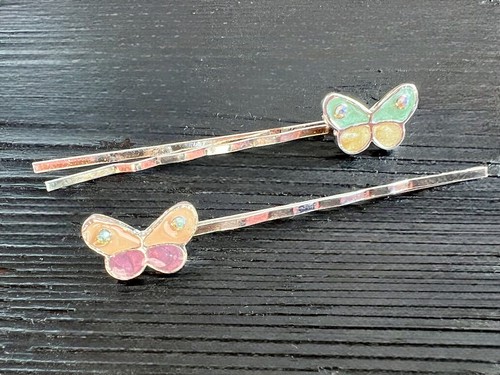 2 Vintage Silver Plated Enamelled Butterfly Hair Grips Slides Crystals Pastel BN - Picture 3 of 22